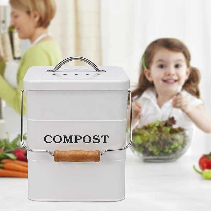 Vintage Farmhouse Indoor Compost Pail - Galvanized Metal Countertop Compost Caddy Rust-Resistant Galvanized Steel Compost Bin - 1.3 Gallon Kitchen Waste Bucket
