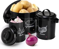 Kitchen Set of 3 Vegetable Potato Onion and Garlic Pots, Storage Box Canister, Onion Garlic Jar Containers