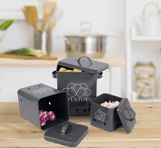 Kitchen Set of 3 Vegetable Potato Onion and Garlic Pots, Storage Box Canister, Onion Garlic Jar Containers
