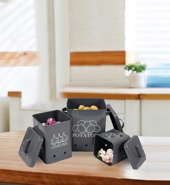 Kitchen Set of 3 Vegetable Potato Onion and Garlic Pots, Storage Box Canister, Onion Garlic Jar Containers