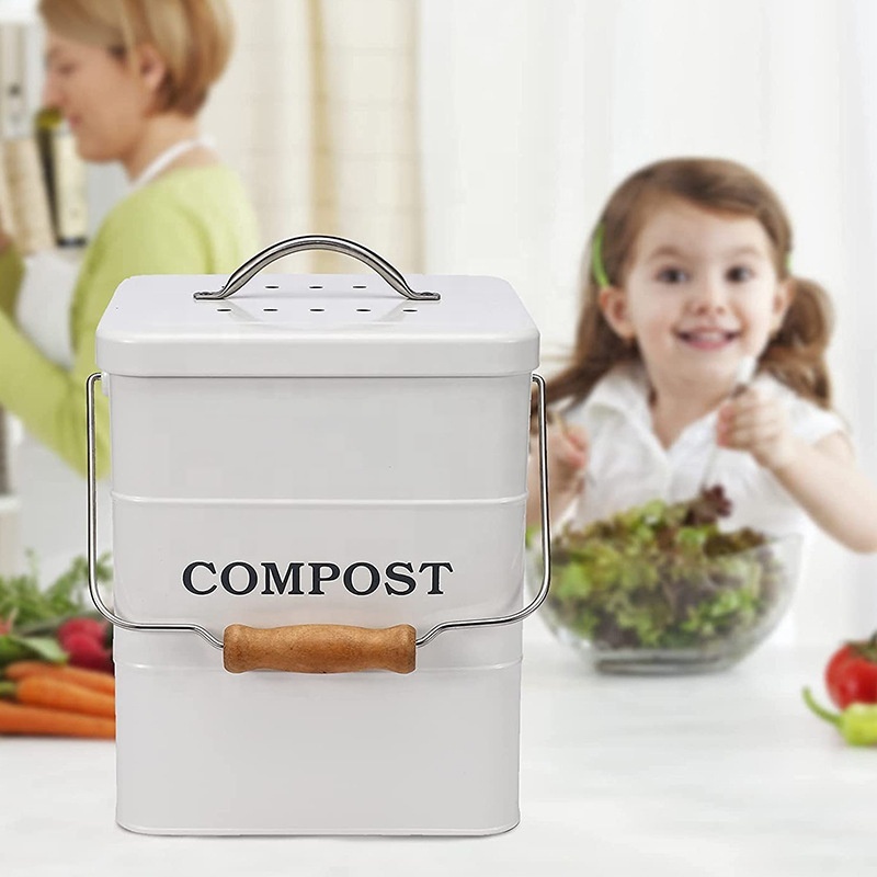 Vintage Farmhouse Indoor Compost Pail - Galvanized Metal Countertop Compost Caddy Rust-Resistant Galvanized Steel Compost Bin - 1.3 Gallon Kitchen Waste Bucket