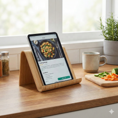 Minimalist Birchwood Tablet Stand - Clear Varnished Wood Holder for iPad & E-Readers  Handcrafted Birch Wood iPad Stand - Smooth Varnished Tablet Cradle for Desk & Kitchen Portable Birchwood Tablet Holder - Universal Wooden Stand