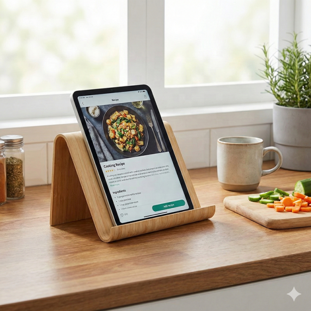 Minimalist Birchwood Tablet Stand - Clear Varnished Wood Holder for iPad & E-Readers  Handcrafted Birch Wood iPad Stand - Smooth Varnished Tablet Cradle for Desk & Kitchen Portable Birchwood Tablet Holder - Universal Wooden Stand