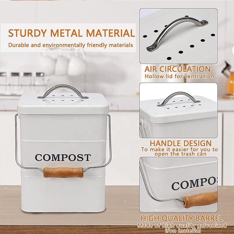 Vintage Farmhouse Indoor Compost Pail - Galvanized Metal Countertop Compost Caddy Rust-Resistant Galvanized Steel Compost Bin - 1.3 Gallon Kitchen Waste Bucket