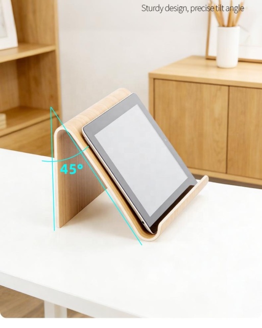 Minimalist Birchwood Tablet Stand - Clear Varnished Wood Holder for iPad & E-Readers  Handcrafted Birch Wood iPad Stand - Smooth Varnished Tablet Cradle for Desk & Kitchen Portable Birchwood Tablet Holder - Universal Wooden Stand