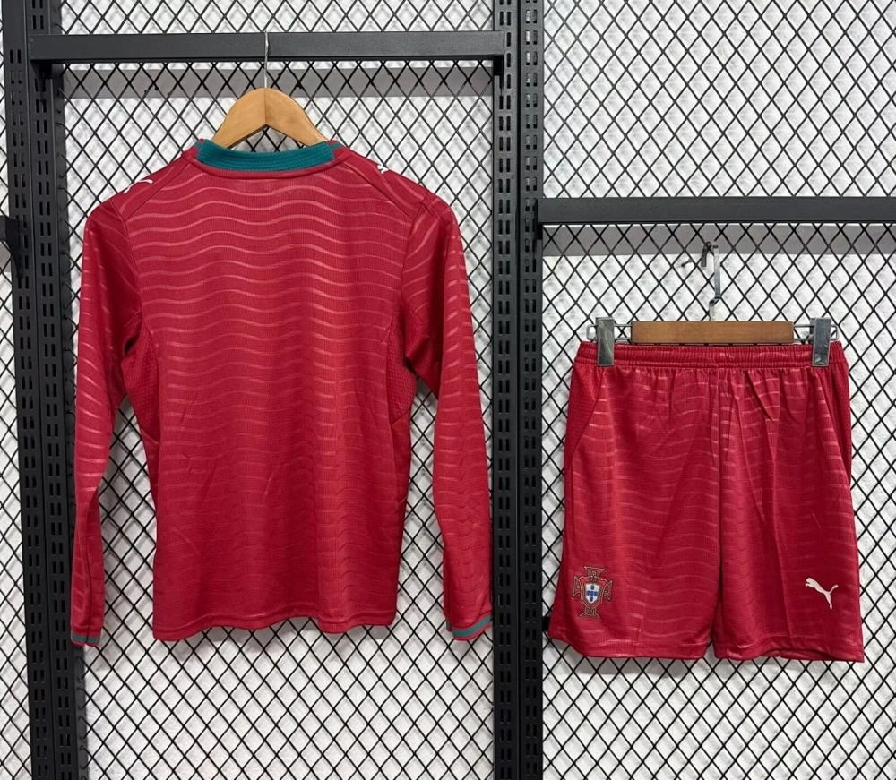 2026 Portugal Home World Cup Soccer Kids Long Sleeve Kit Jersey+Shorts