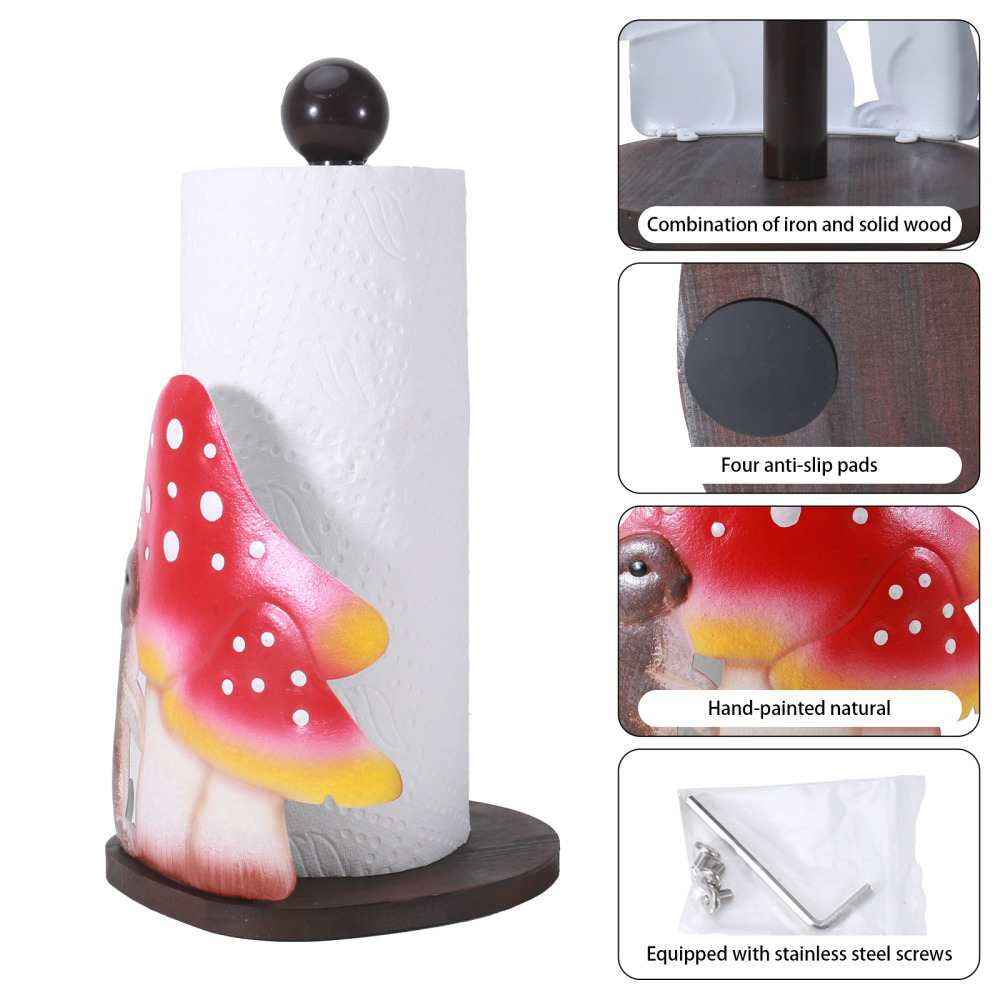13 inches Mushroom & Rabbit Paper Towel Holder - Unique Freestanding Paper Towel Stand with Wooden Base for Kitchen Countertop, Decorative and Functional Paper Towel Holder for Kitchen