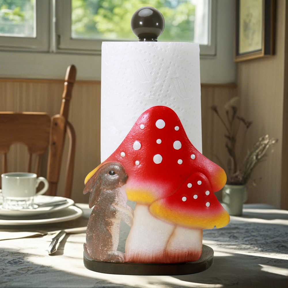 13 inches Mushroom & Rabbit Paper Towel Holder - Unique Freestanding Paper Towel Stand with Wooden Base for Kitchen Countertop, Decorative and Functional Paper Towel Holder for Kitchen