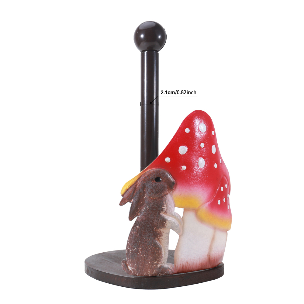 13 inches Mushroom & Rabbit Paper Towel Holder - Unique Freestanding Paper Towel Stand with Wooden Base for Kitchen Countertop, Decorative and Functional Paper Towel Holder for Kitchen