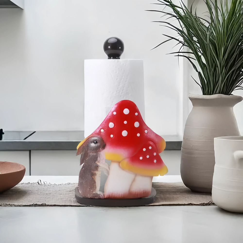 13 inches Mushroom & Rabbit Paper Towel Holder - Unique Freestanding Paper Towel Stand with Wooden Base for Kitchen Countertop, Decorative and Functional Paper Towel Holder for Kitchen