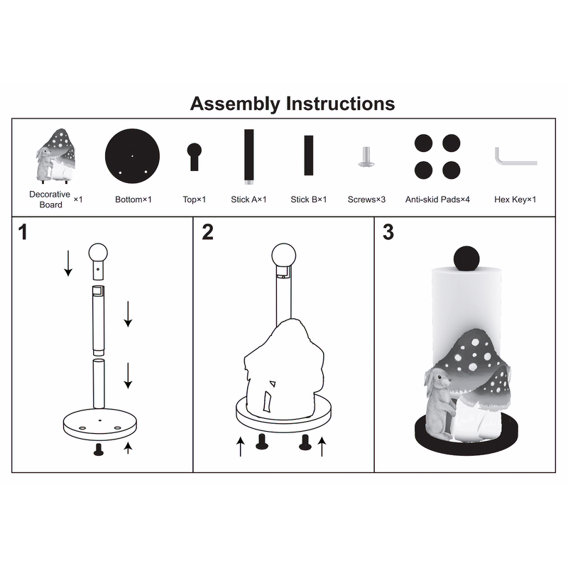 13 inches Mushroom & Rabbit Paper Towel Holder - Unique Freestanding Paper Towel Stand with Wooden Base for Kitchen Countertop, Decorative and Functional Paper Towel Holder for Kitchen
