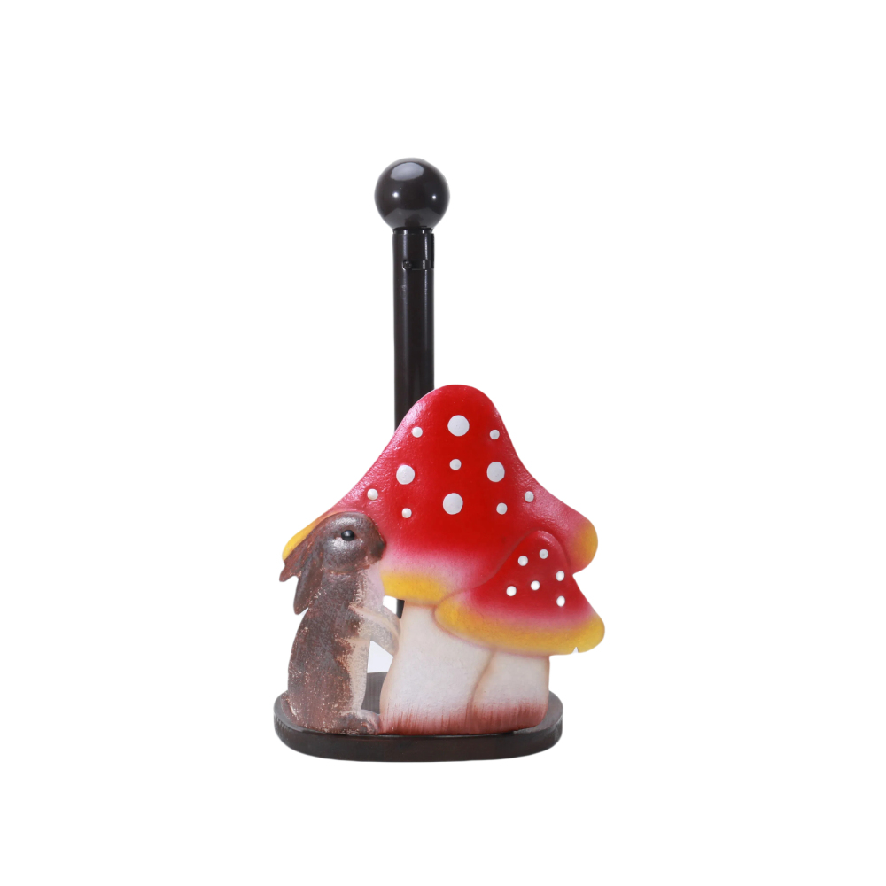13 inches Mushroom & Rabbit Paper Towel Holder - Unique Freestanding Paper Towel Stand with Wooden Base for Kitchen Countertop, Decorative and Functional Paper Towel Holder for Kitchen