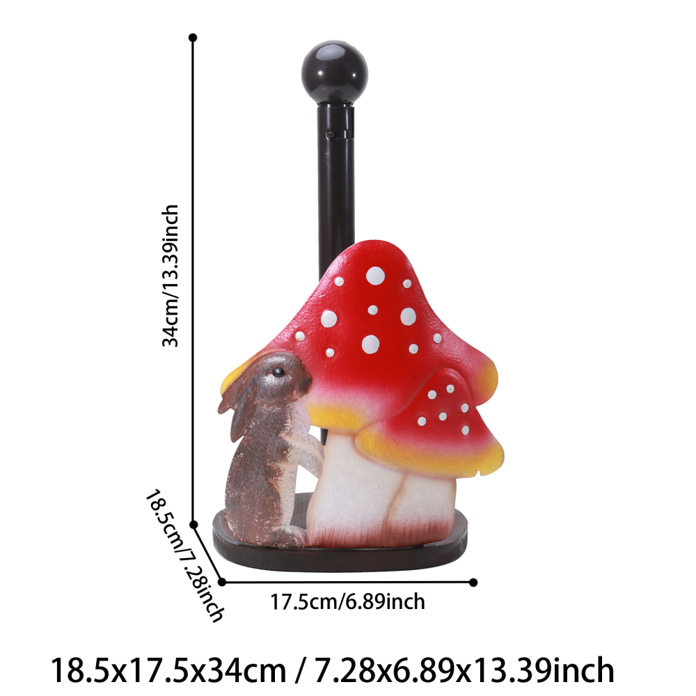 13 inches Mushroom & Rabbit Paper Towel Holder - Unique Freestanding Paper Towel Stand with Wooden Base for Kitchen Countertop, Decorative and Functional Paper Towel Holder for Kitchen