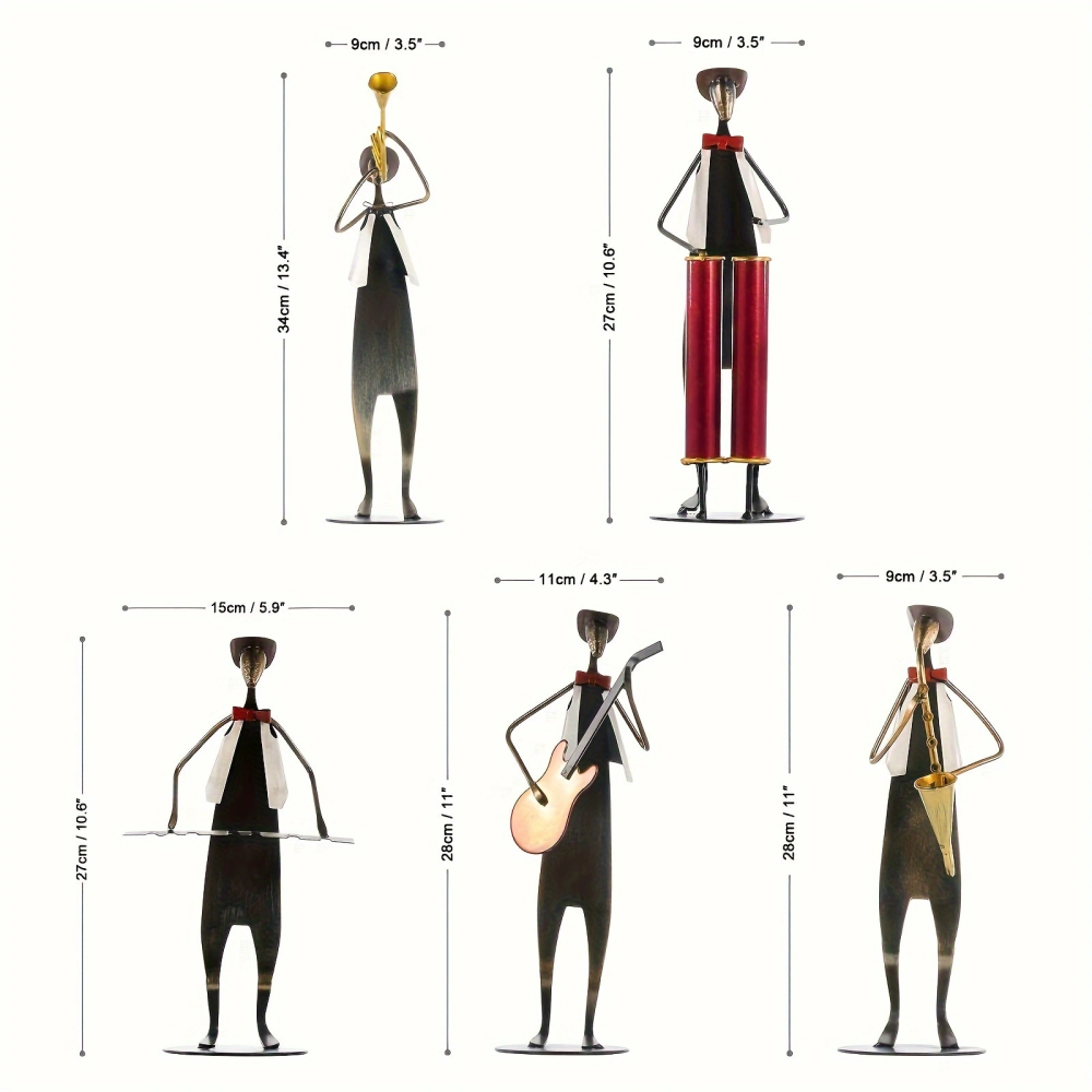 Metal Jazz Band Sculptures Set of 5, Handmade Iron Musician Statues with Instruments, Modern Abstract Music Band Figurines for Home, Bar, and Office Decoration