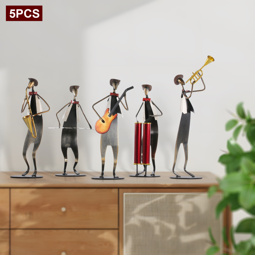 Metal Jazz Band Sculptures Set of 5, Handmade Iron Musician Statues with Instruments, Modern Abstract Music Band Figurines for Home, Bar, and Office Decoration
