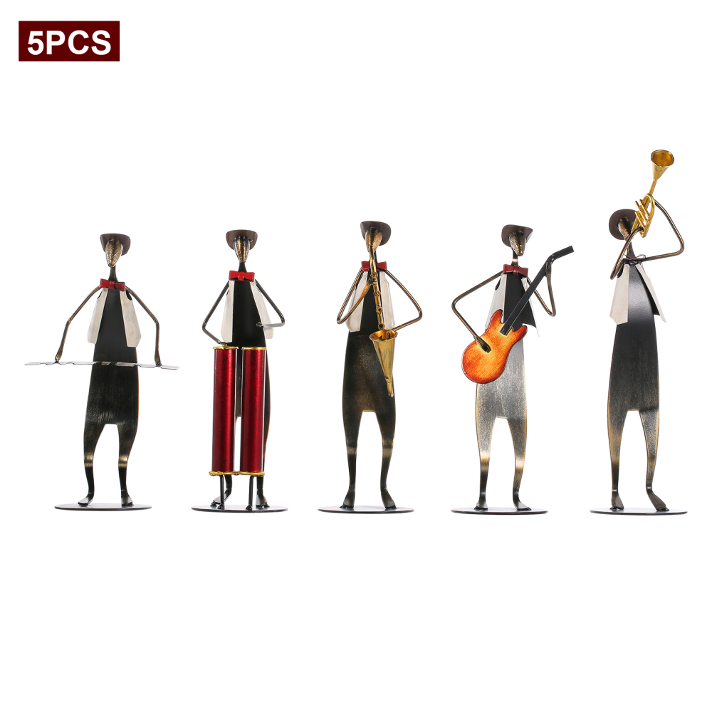 Metal Jazz Band Sculptures Set of 5, Handmade Iron Musician Statues with Instruments, Modern Abstract Music Band Figurines for Home, Bar, and Office Decoration