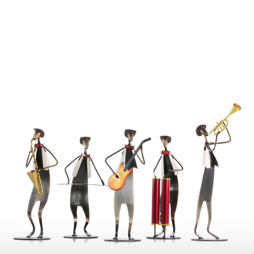 Metal Jazz Band Sculptures Set of 5, Handmade Iron Musician Statues with Instruments, Modern Abstract Music Band Figurines for Home, Bar, and Office Decoration