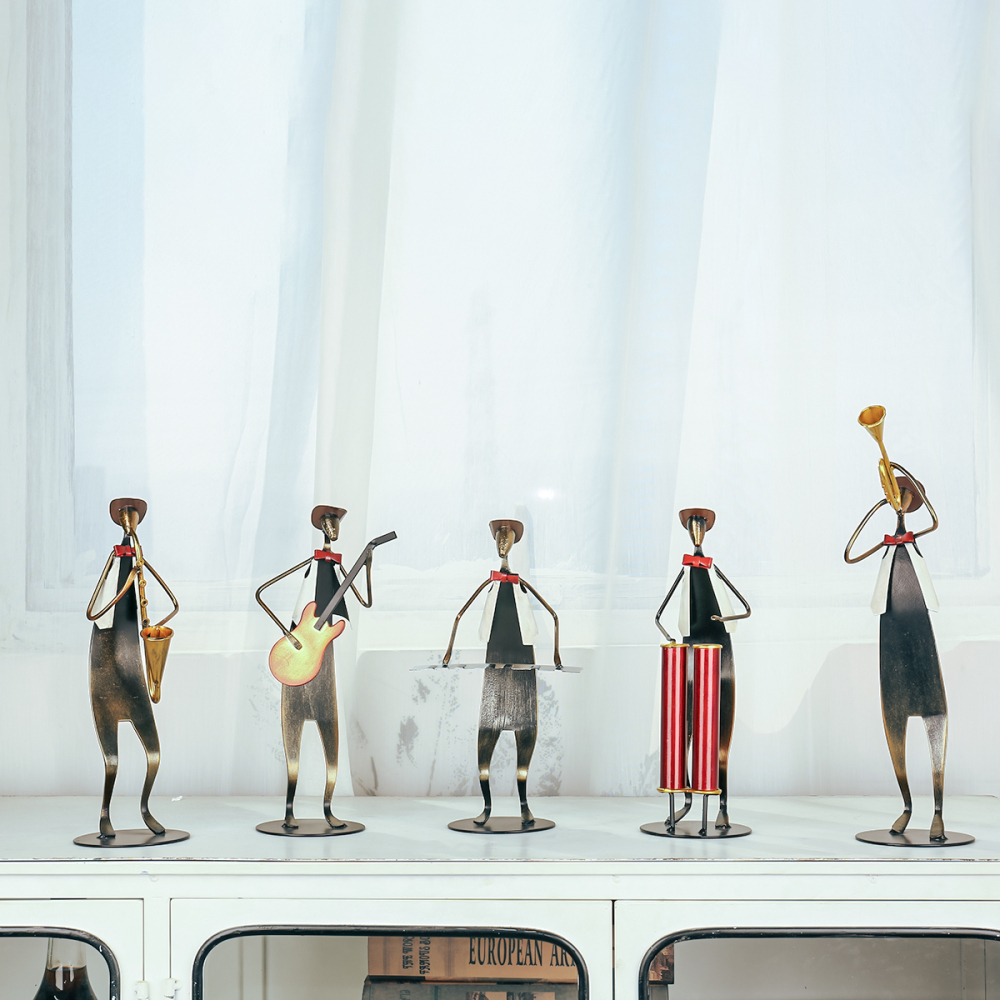 Metal Jazz Band Sculptures Set of 5, Handmade Iron Musician Statues with Instruments, Modern Abstract Music Band Figurines for Home, Bar, and Office Decoration