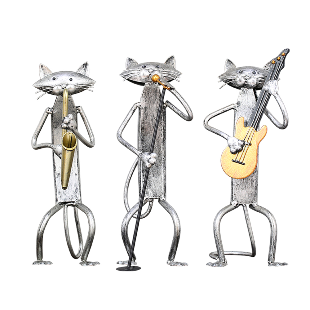 Mloarts Metal Cat Band Sculptures, Handmade Jazz Musician Cat Figurines with Guitar, Microphone & Saxophone, Rust-Resistant Iron Art for Modern Home, Living Room & Office Decor