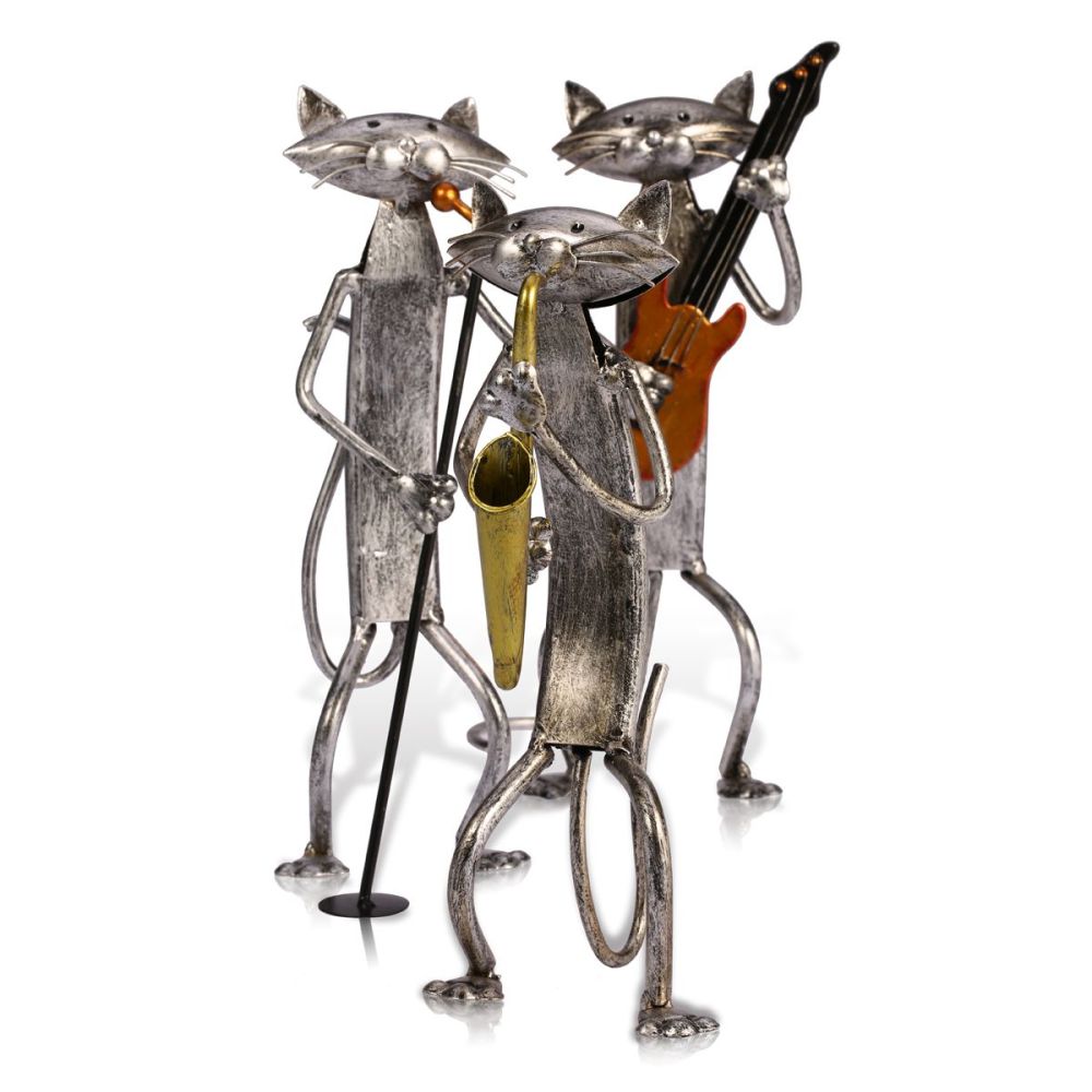 Mloarts Metal Cat Band Sculptures, Handmade Jazz Musician Cat Figurines with Guitar, Microphone & Saxophone, Rust-Resistant Iron Art for Modern Home, Living Room & Office Decor