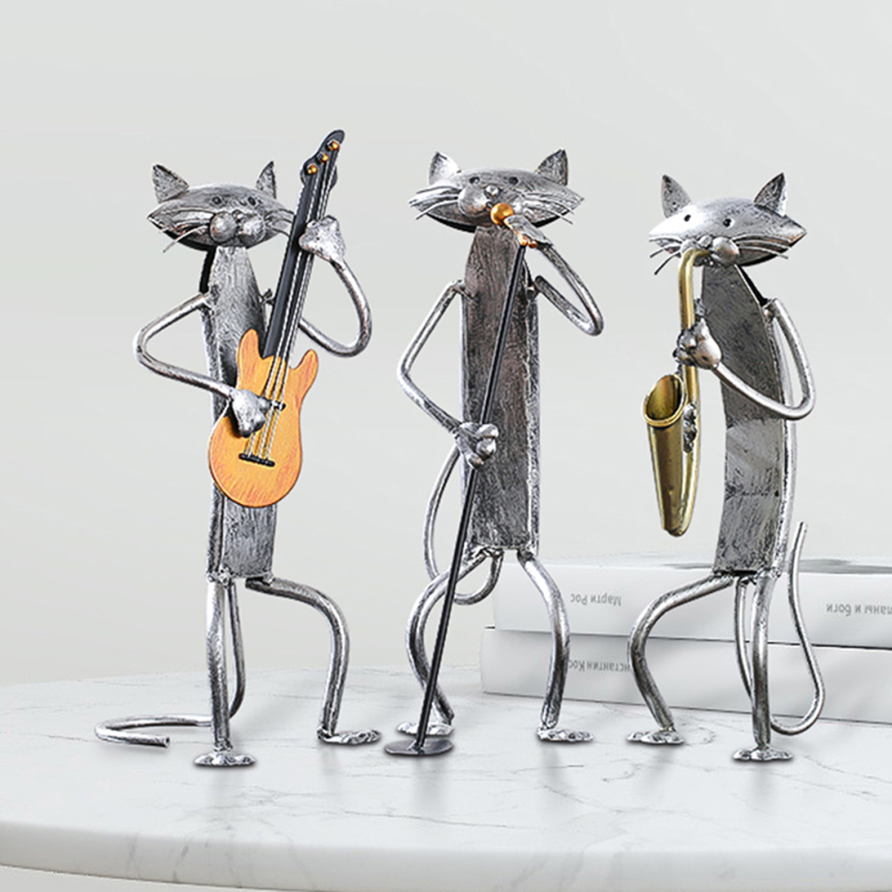 Mloarts Metal Cat Band Sculptures, Handmade Jazz Musician Cat Figurines with Guitar, Microphone & Saxophone, Rust-Resistant Iron Art for Modern Home, Living Room & Office Decor