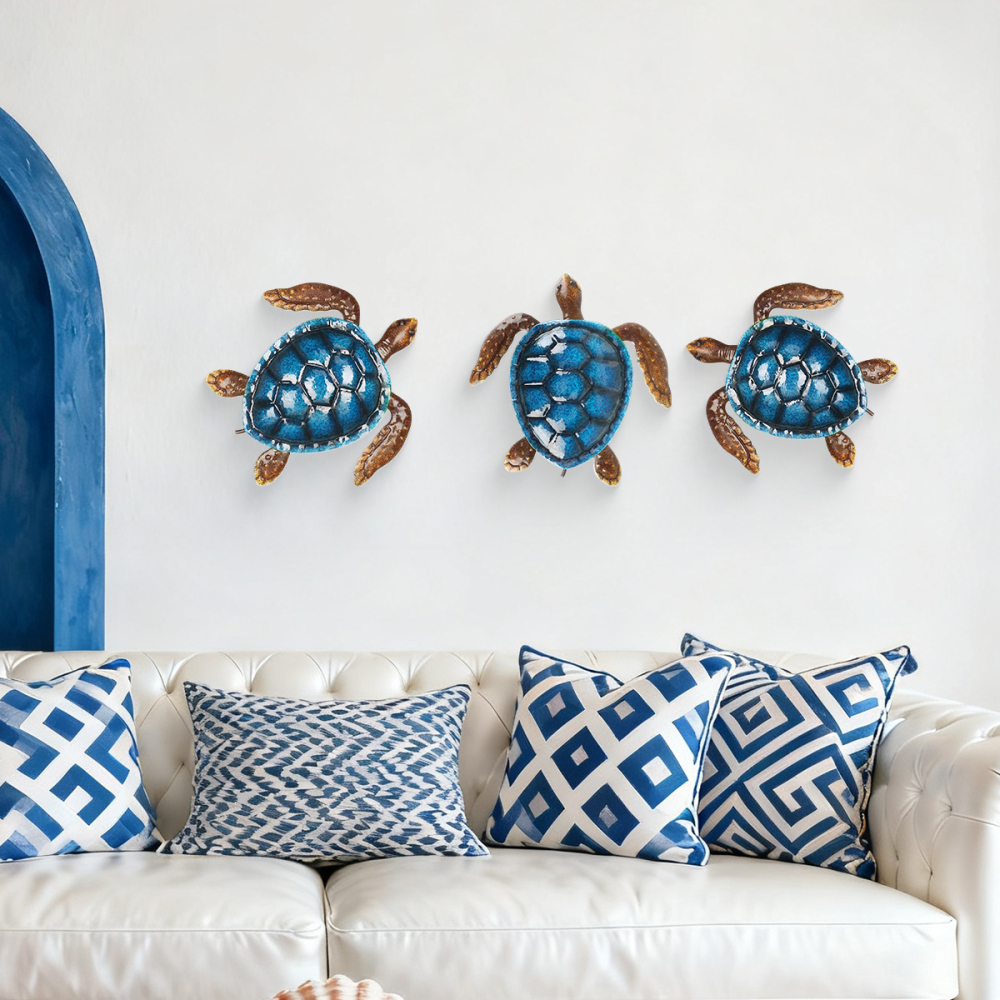 3 Pieces Blue Turtle Wall Decor Coast Ocean Sea Wall Art Iron Animal Wall Decor Home Bedroom Decoration