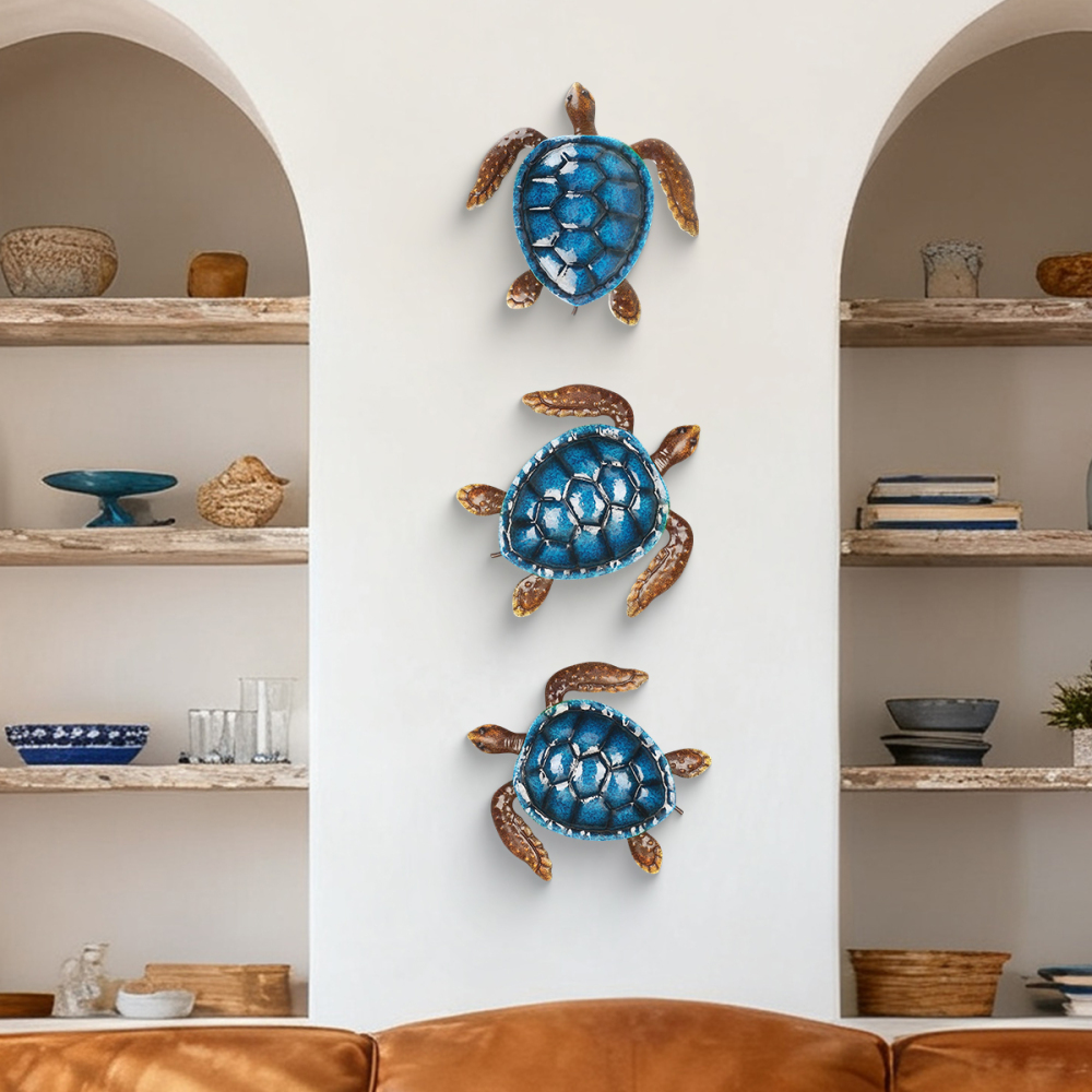 3 Pieces Blue Turtle Wall Decor Coast Ocean Sea Wall Art Iron Animal Wall Decor Home Bedroom Decoration