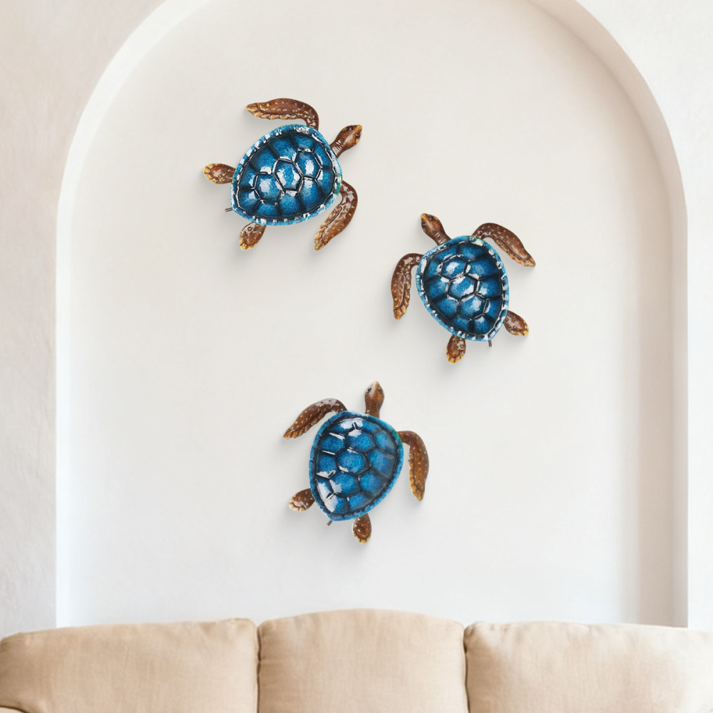 3 Pieces Blue Turtle Wall Decor Coast Ocean Sea Wall Art Iron Animal Wall Decor Home Bedroom Decoration