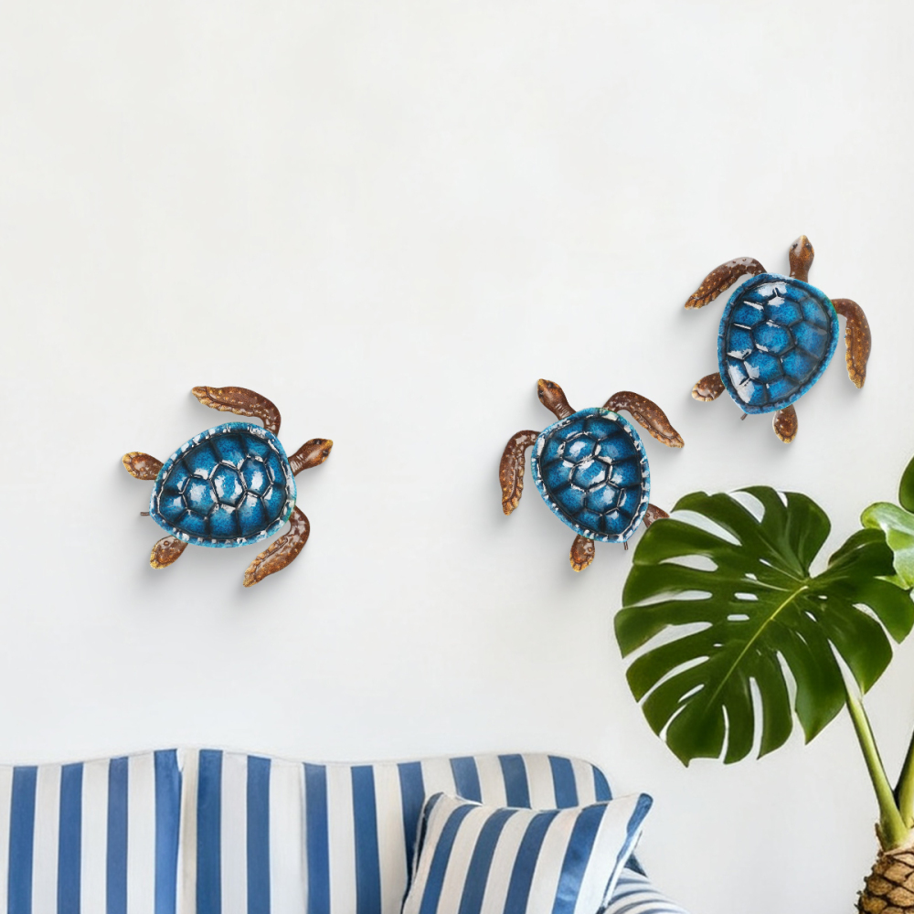 3 Pieces Blue Turtle Wall Decor Coast Ocean Sea Wall Art Iron Animal Wall Decor Home Bedroom Decoration