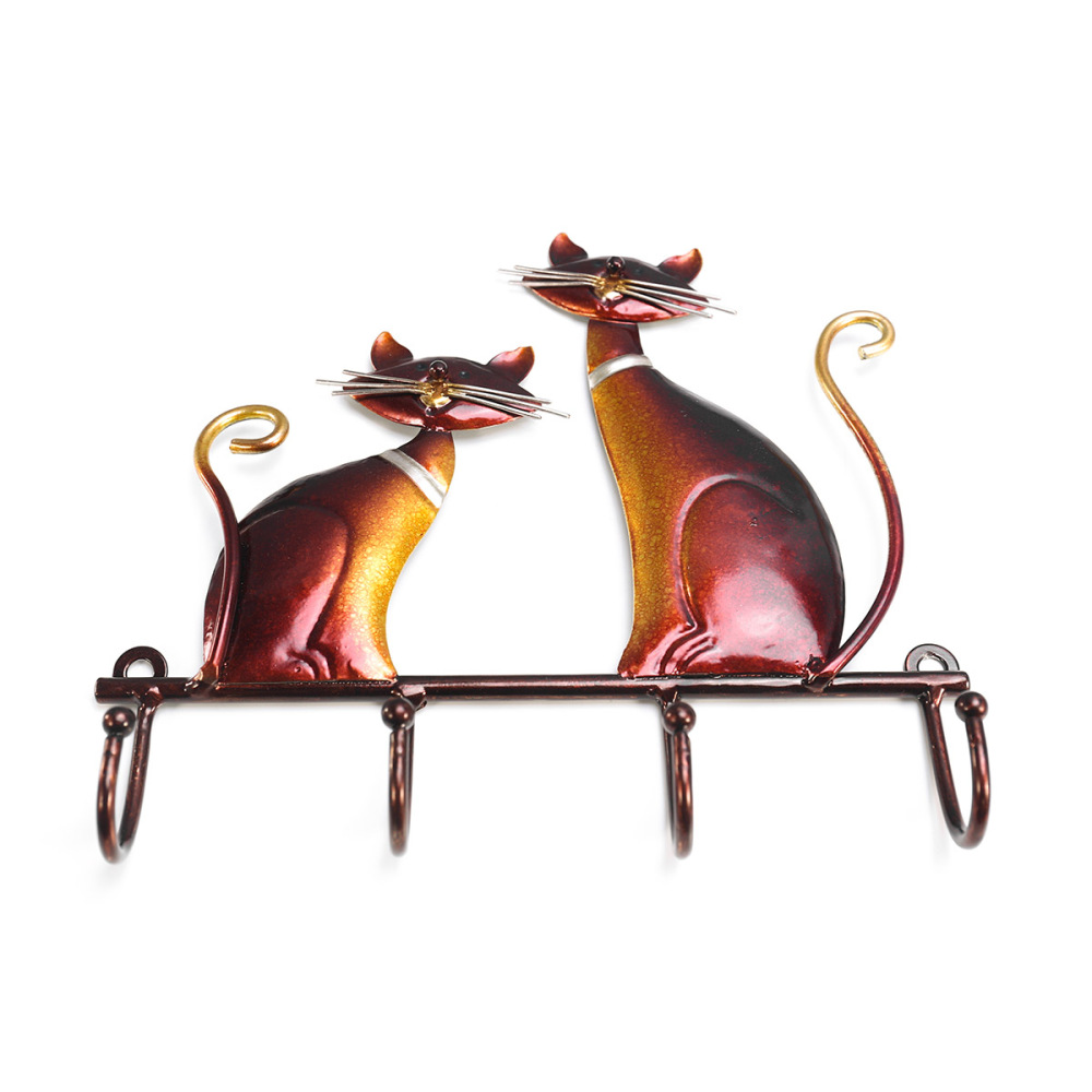 Iron Cat Wall Hanger Hook Decor 4 Hooks for Coats Bags Wall Mount Clothes Holder