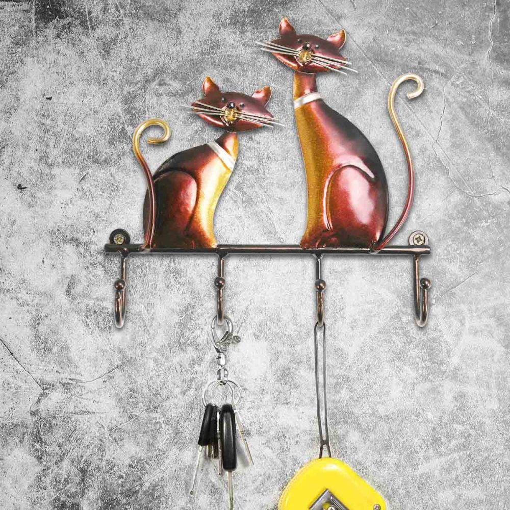 Iron Cat Wall Hanger Hook Decor 4 Hooks for Coats Bags Wall Mount Clothes Holder