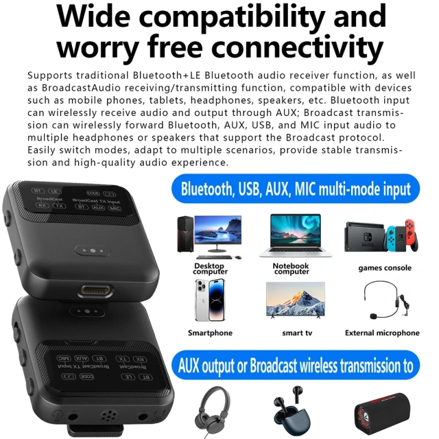 LR20Q Wireless LE Audio Adapter for Music Streaming Sound System BT Audio  Auracast Transmitter Works for Speakers Support 1+N