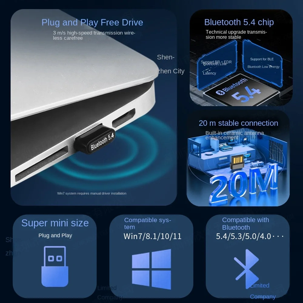 Rambotech Classic Drive-Free Bluetooth Adapter 5.4 Computer USB Mini Bluetooth Receiver and Transmitter Audio Connector BT543