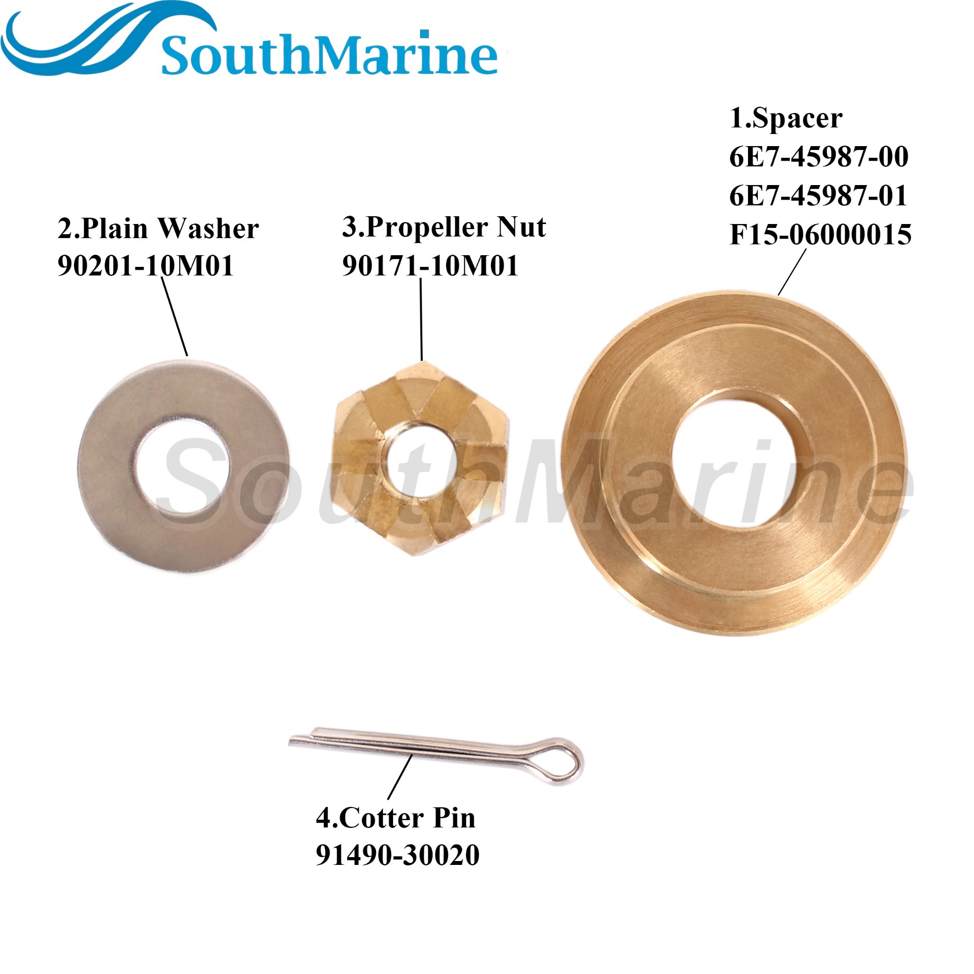 Boat Motor 6E7-45987-00/01 F15-06000015 Propeller Spacer 90171-10M01 Nut 90201-10M0 Washer 91490-30020 Pin for Yamaha 9.9HP 15HP