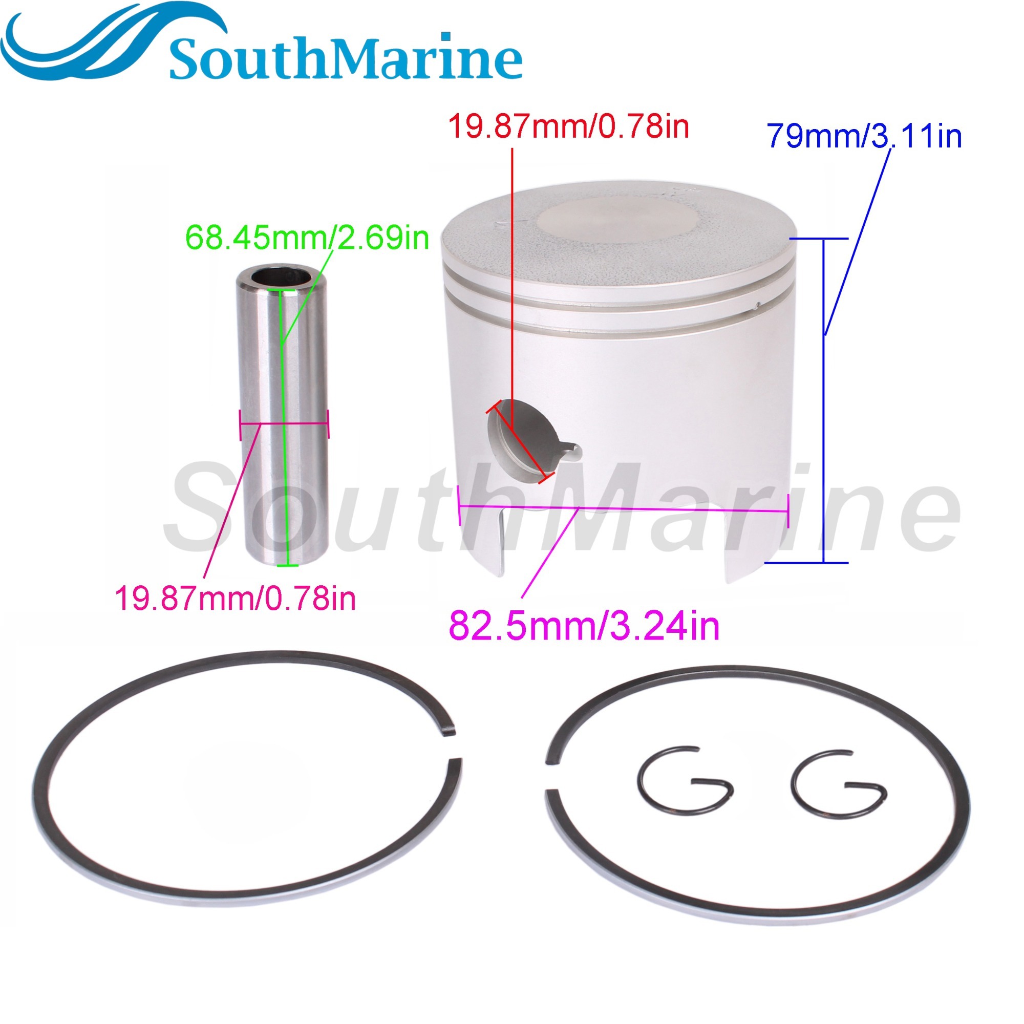 Boat Engine 688-11636-03 02 Oversize Piston Set & 688-11605-A0 Ring for Yamaha 48HP 50HP 55HP 75HP 85HP, 82.5mm 0.5mm O/S