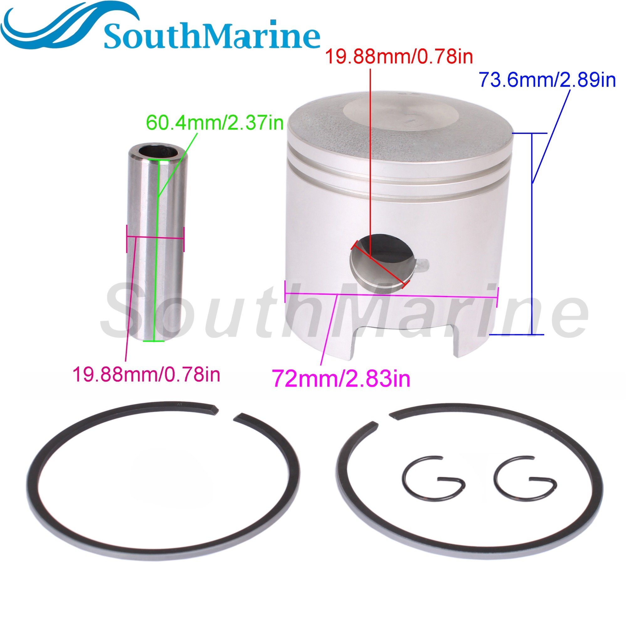 Boat Engine 61N-11631-00-95 STD 18-4144 Piston Set & 61N-11603-00 18-3957 Ring for Yamaha 25HP 30HP C30ELR C30MLH, 72mm STD