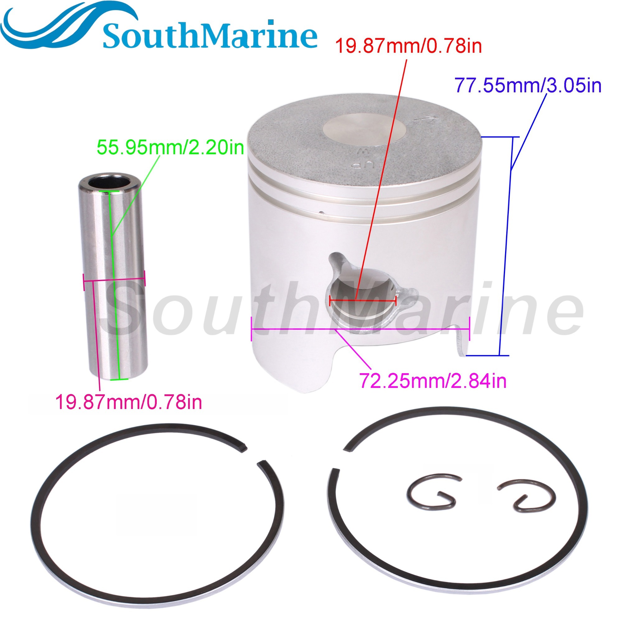 Boat Engine 6H3-11635-01-00 Oversize Piston Set & 6K5-11601-12 Ring for Yamaha 60HP 70HP, 72.25mm 0.25mm O/S