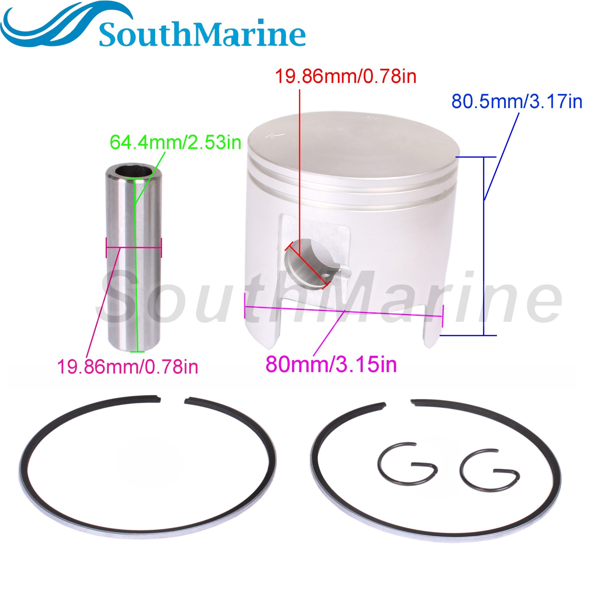 Boat Engine 66T-11631-01-93 STD Piston Set & 66T-11603-00 Ring for Yamaha 40HP E40MH 40X / for Parsun Hidea Makara HDX, 80mm STD