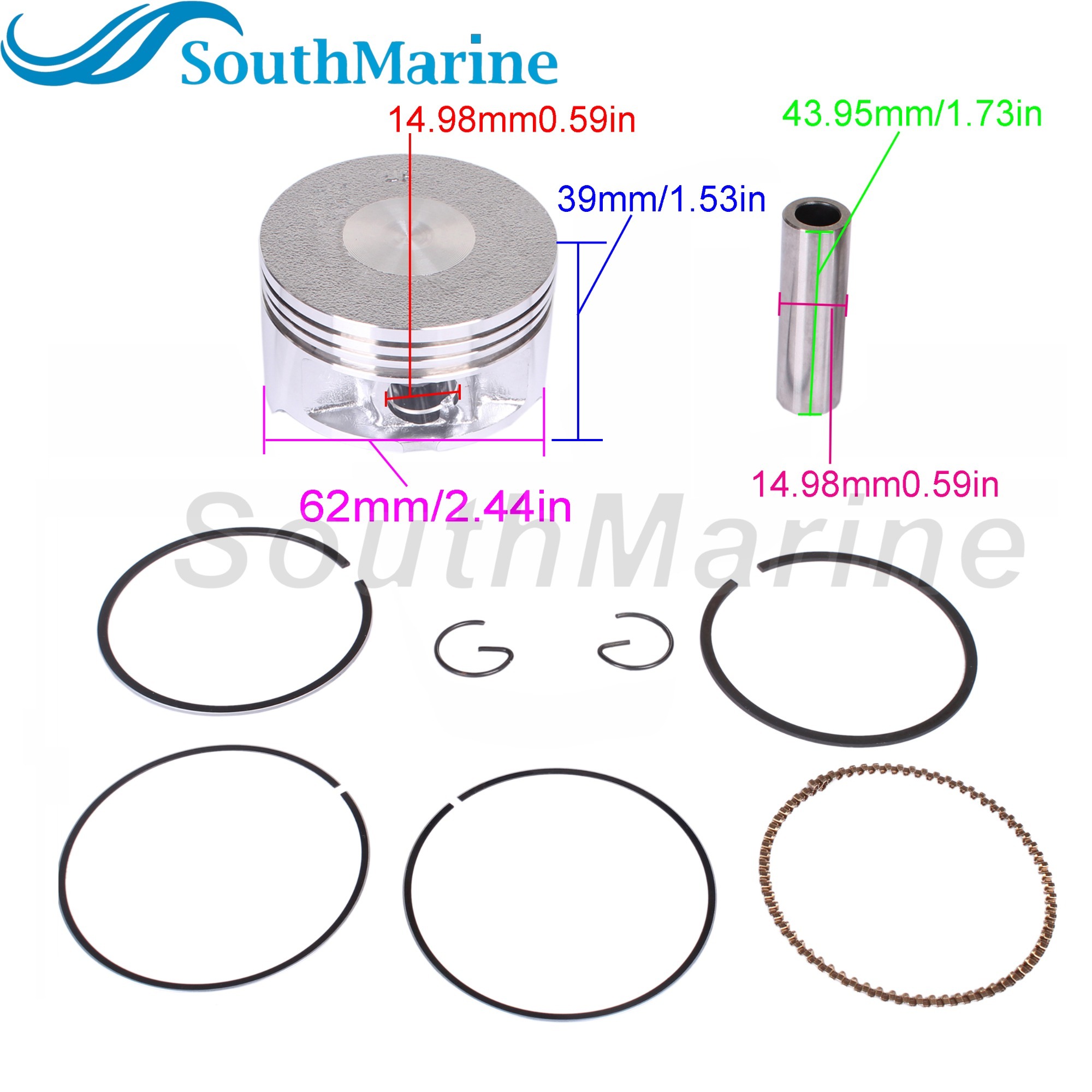 Boat Engine 6BX-E1631-00-96 6EE-E1631-00-96 STD Piston Set & 6BX-E1603-00 6EE-E1603-00 Ring for Yamaha 4HP 6HP, 62mm STD