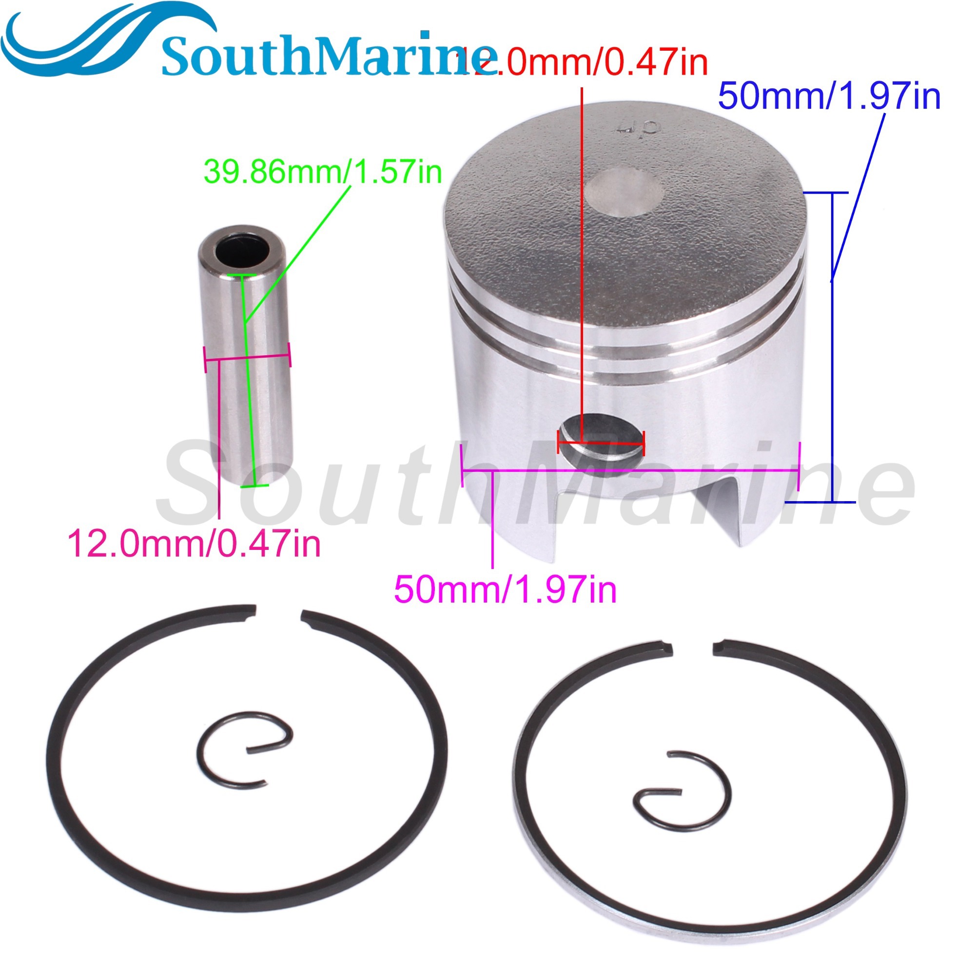 Outboard Engine 677-11631-00-96/97/98 677-11630-00-00 STD Piston Set with 647-11610-00 Ring for Yamaha 5HP 8HP Boat Motor, 50mm STD