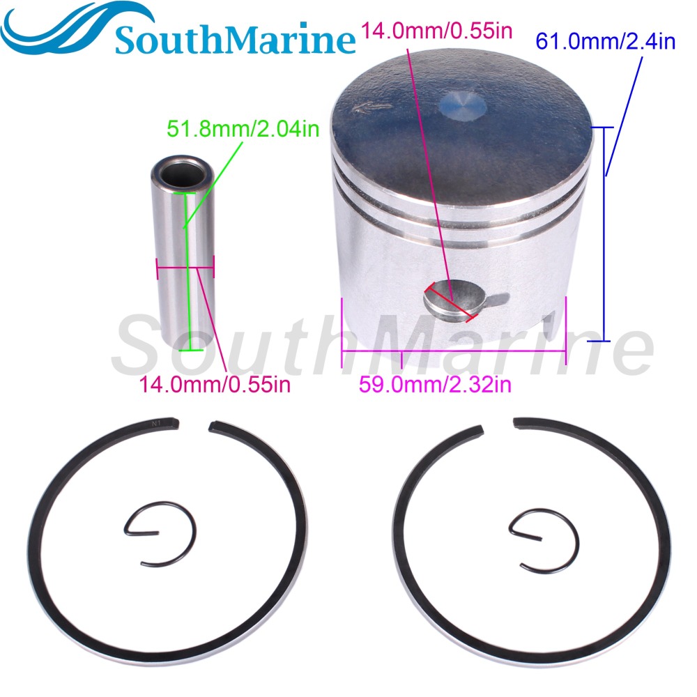 Boat Engine 12110-93130 12110-93111 12110-93140 STD Piston Set & 12140-93140 Ring (2mm) for Suzuki 9.9HP 15HP DT9.9 DT15, 59mm STD