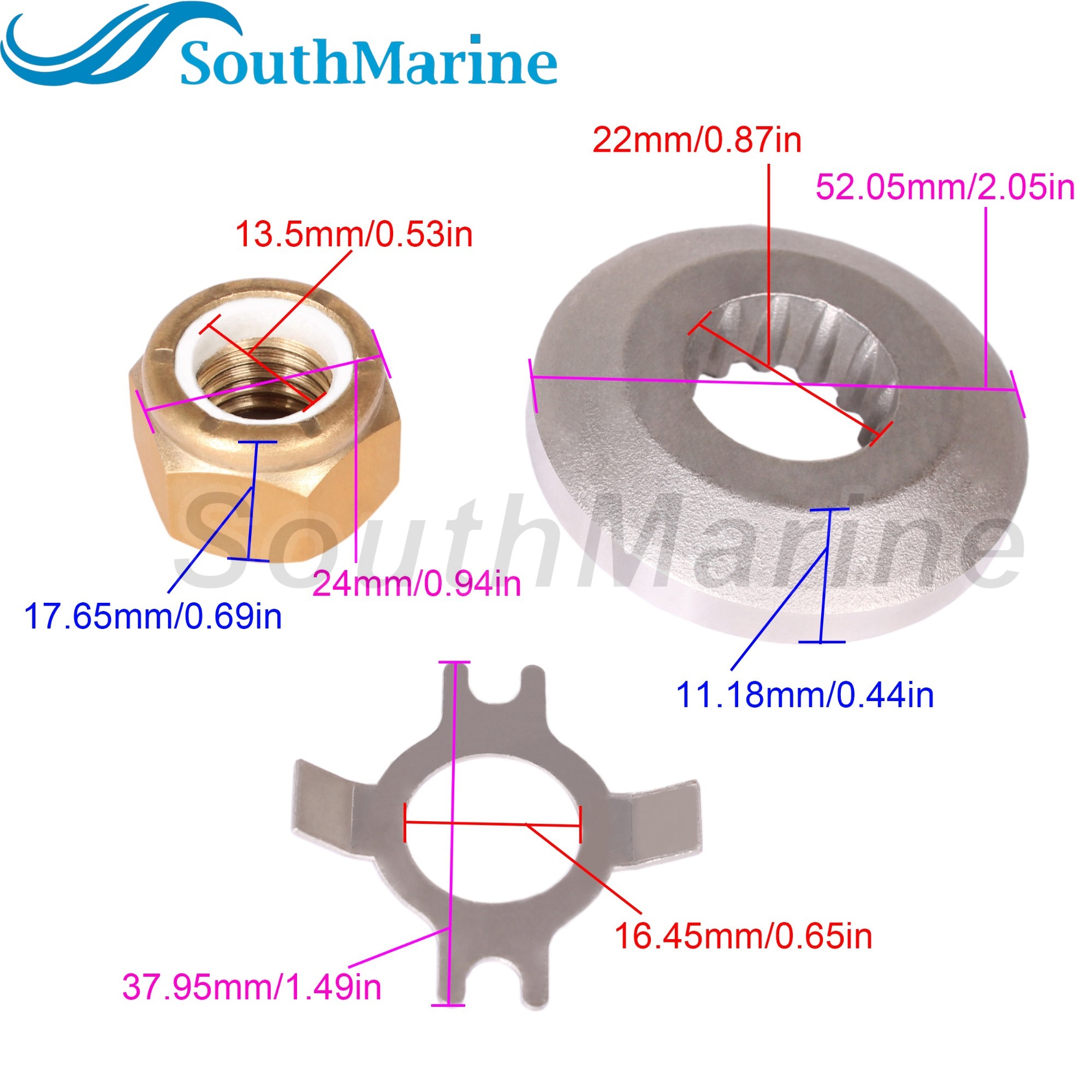 Outboard Motor 73345 92647M 73345A1 18-4233 Thrust Washer, 76281 Tab Washer, 69578Q1 18-3704 Propeller Nut for Mercury 25HP-70HP