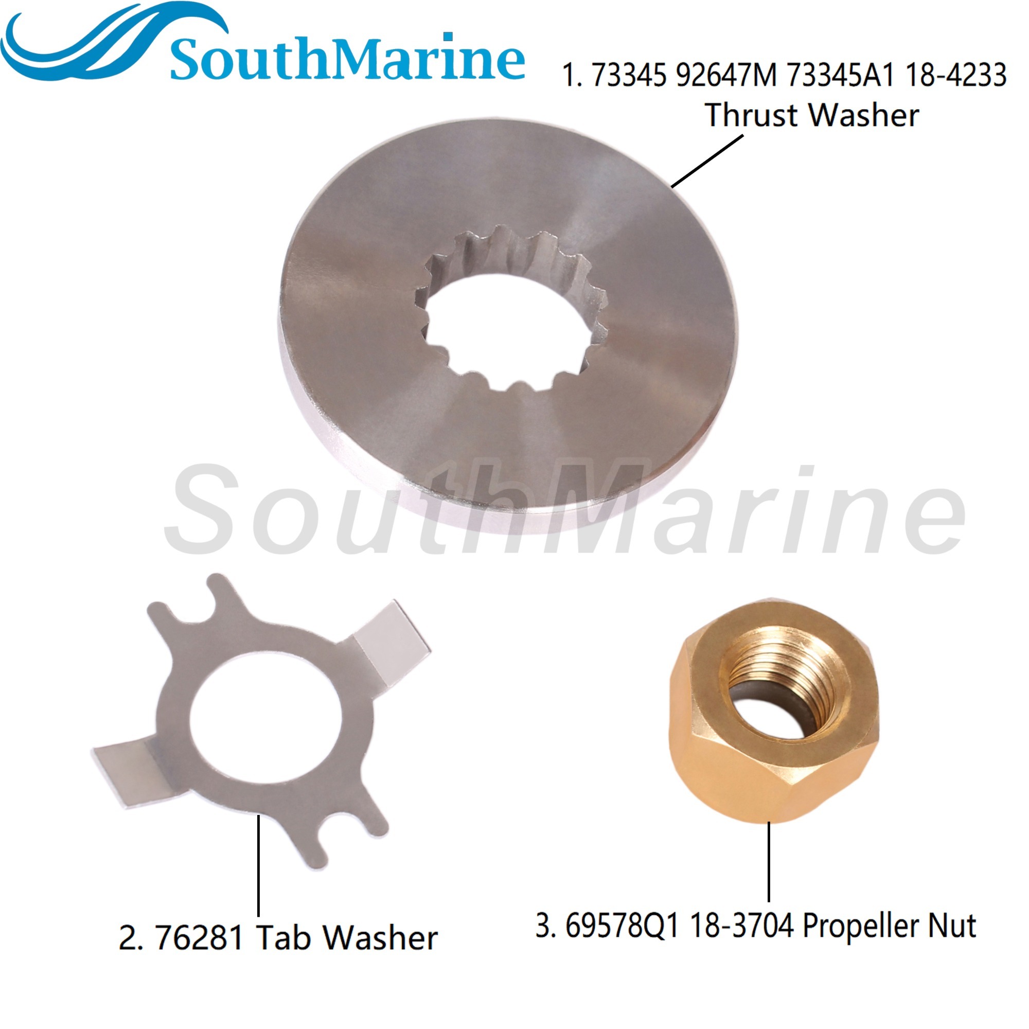 Outboard Motor 73345 92647M 73345A1 18-4233 Thrust Washer, 76281 Tab Washer, 69578Q1 18-3704 Propeller Nut for Mercury 25HP-70HP