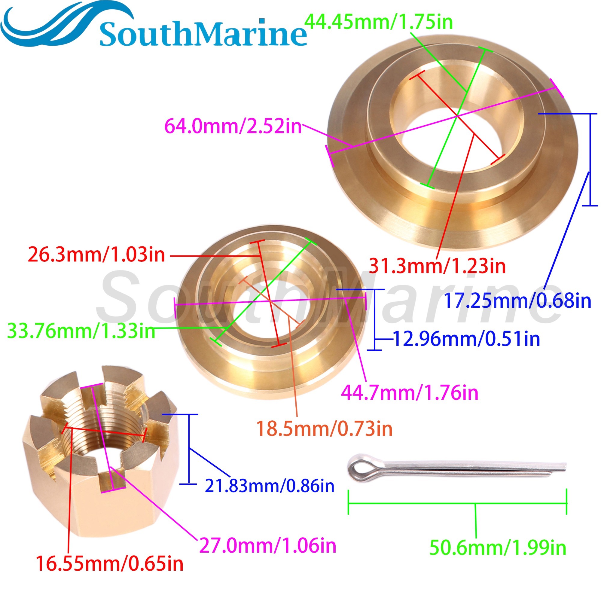 Outboard Motor 90506-ZX2-C00 Washer, 90512-ZX2-C00 Propeller Spacer, 90301-ZW1-B00 Castle Nut, 90758-ZW1-B00 Cotter Pin for Honda 115HP 135HP 150HP 17