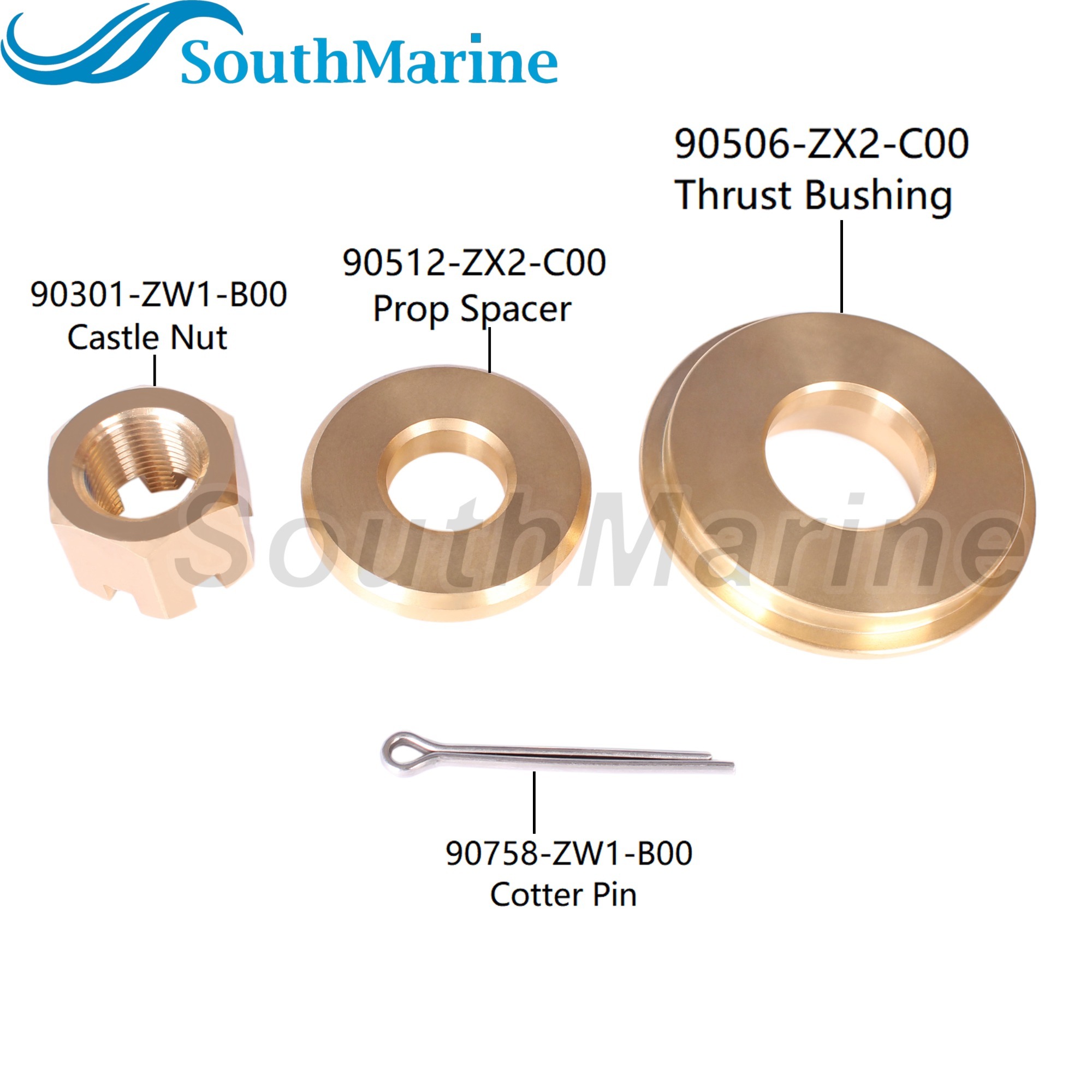 Outboard Motor 90506-ZX2-C00 Washer, 90512-ZX2-C00 Propeller Spacer, 90301-ZW1-B00 Castle Nut, 90758-ZW1-B00 Cotter Pin for Honda 115HP 135HP 150HP 17
