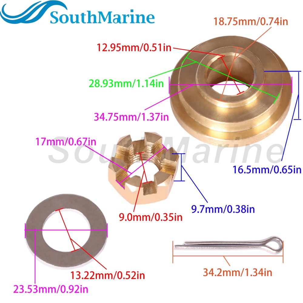 Outboard Motor 6G1-45987-02 01 6N0-G5987-10 Spacer, 90201-10M01 Plain Washer, 90171-10M01 Castle Nut for Yamaha 6HP 8HP 9.9HP