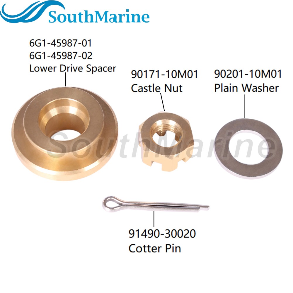 Outboard Motor 6G1-45987-02 01 6N0-G5987-10 Spacer, 90201-10M01 Plain Washer, 90171-10M01 Castle Nut for Yamaha 6HP 8HP 9.9HP