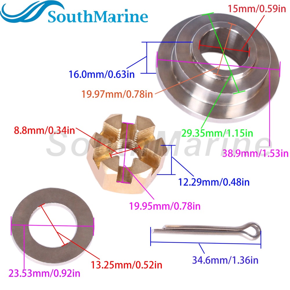 Outboard Motor 6E7-45987-00 01 F15-06000015 Spacer, 90201-10M01 Washer, 90171-10M01 Castle Nut for Yamaha Parsun HDX 8HP-20HP