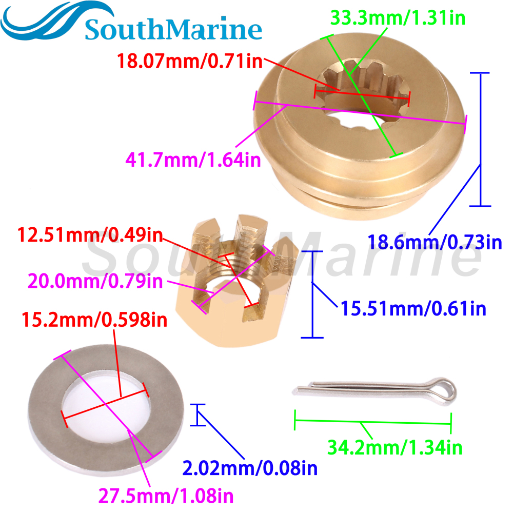 Boat Engine 90506-ZV7-020 010 000 Thrust Washer, 90301-ZV7-000 Castle Nut, 90508-ZV7-000 Spacer, 90758-ZV1-000 Split Pin for Honda 25HP 30HP Outboard Motor Propeller Hardware Kit