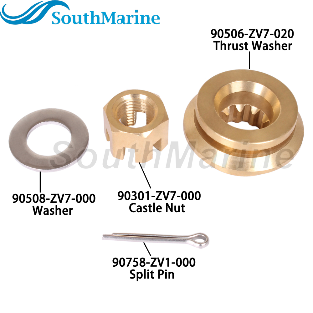 Boat Engine 90506-ZV7-020 010 000 Thrust Washer, 90301-ZV7-000 Castle Nut, 90508-ZV7-000 Spacer, 90758-ZV1-000 Split Pin for Honda 25HP 30HP Outboard Motor Propeller Hardware Kit